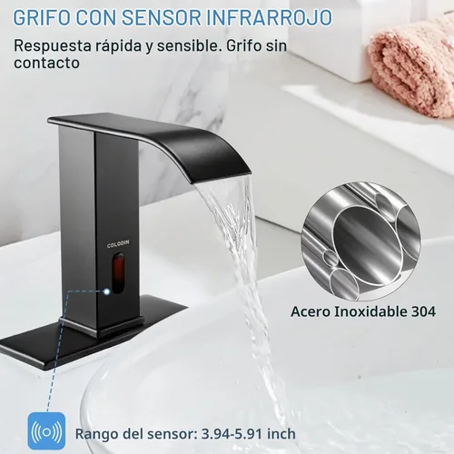 Vista 4 de Grifo de baño sin contacto, llave de cascada con sensor automático, lavabo moderno de acero inoxidable mate negro, llave de lavabo con sensor