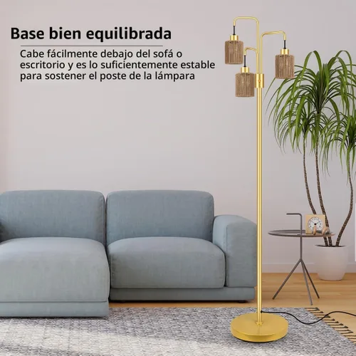 Vista 3 de Lámpara de pie industrial BoostArea para sala de estar, lámpara de pie moderna dorada con 3 luces, lámpara de pie para pararse con diseño simple