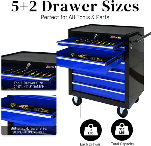 Vista 4 de Caja de herramientas rodante WTRAVEL con 7 cajones, caja de herramientas con ruedas, carro de herramientas multifuncional, gabinete
