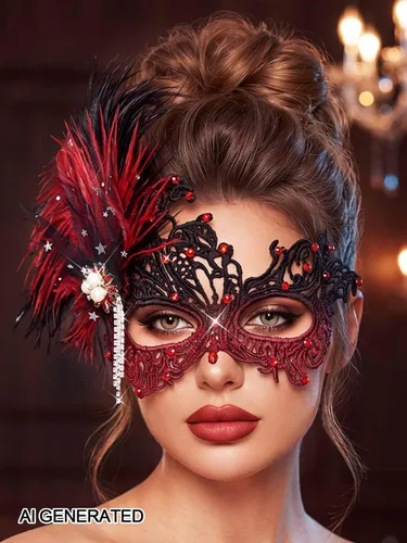 Vista 4 de Urieo Máscara de plumas veneciana de encaje con diamantes de imitación, máscaras de cosplay para mujer