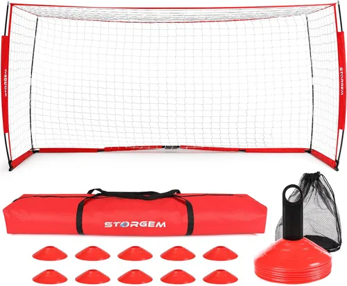 Vista 10 de Storgem Portería de Fútbol, Red de Fútbol, Porterías de Fútbol para Patio Trasero, con Marco de Lazo, Base Metálica Plegable y 15 Conos