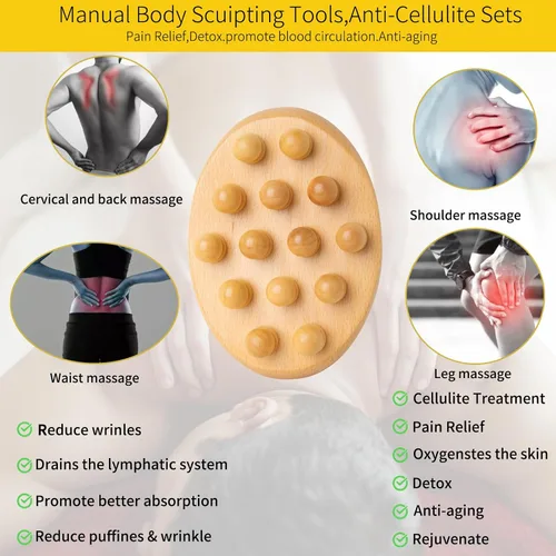 Vista 5 de Herramientas de masaje de terapia de madera, masajeador de drenaje linfático para moldear el cuerpo, kit de maderoterapia, masajeador de celulitis