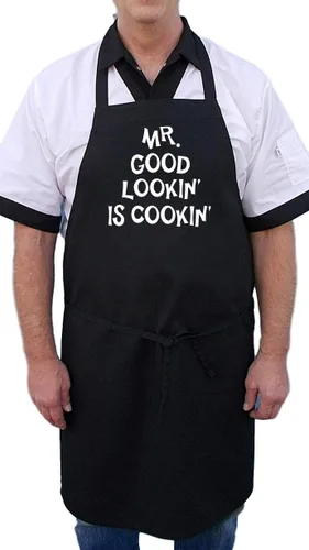 Vista 3 de CoolAprons Juego de delantal y sombrero de chef Mr. Good Lookin' Is Cookin', negro, regalo de barbacoa para hombres, delantales divertidos