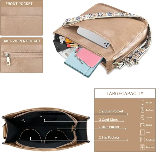Vista 2 de KITATU 2 bolsos cruzados para mujer, bolsos de mano hobo de hombro de diseñador bolso de cuero vegano con 2 correas
