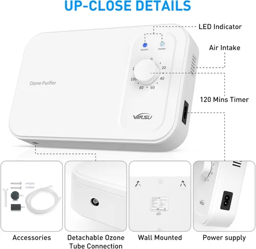 Vista 7 de Máquina multiusos de ozono de 800 mg/h,Burbujero de ozono para purificar agua y aire,Ozonador de agua portátil para alimentos F&V Home Hunting Cold