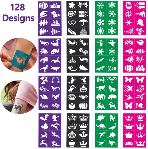 Vista 2 de Kit de plantillas de pintura facial y corporal para niños (paquete de 128 unidades), reutilizables, suaves y fáciles de pegar, plantillas