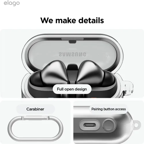 Vista 6 de elago Compatible con Samsung Galaxy Buds 3 Pro y 3 y 3 FE, funda transparente con mosquetón, cubierta de TPU premium, carga inalámbrica, accesorios