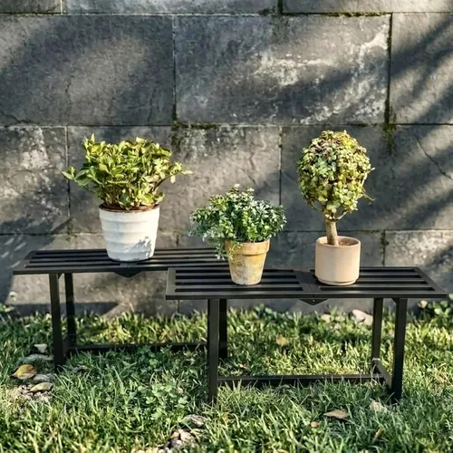 Vista 6 de Soporte para plantas para interiores y exteriores, estante plegable de metal para múltiples macetas, banco de listones de mediados de siglo