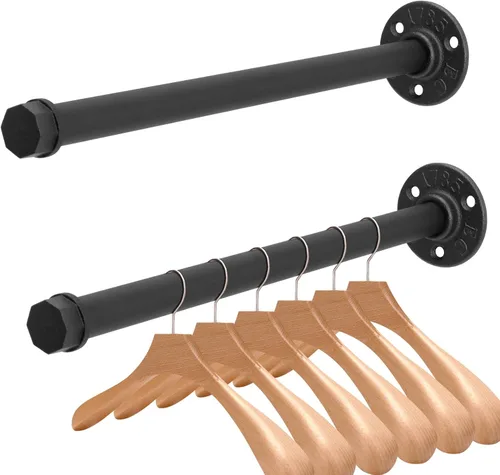Vista 10 de 2 piezas de 8 pulgadas de tubería industrial montado en la pared, barra de ropa rústica y vintage, barra de ropa de metal multiusos para dormitorio