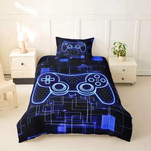 Vista 50 de Juego de funda de edredón con diseño de videojuegos para niños, tamaño individual, negro y azul a cuadros, juego de ropa de cama moderna