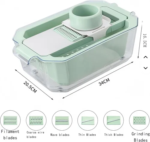 Vista 7 de Rallador de mandolina con cesta de drenaje, rallador de alimentos con contenedor, triturador de cocina 6 en 1 de acero inoxidable, rallador