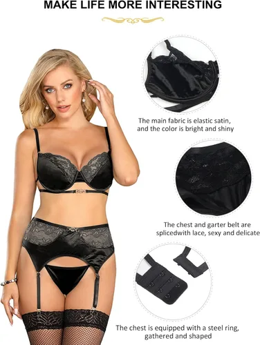 Vista 5 de ohyeahlady Conjunto de lencería y liguero, trajes de boudoir traviesos, sexy, con tirantes delgados, conjunto de brasier y bragas para mujer, XS-4XL