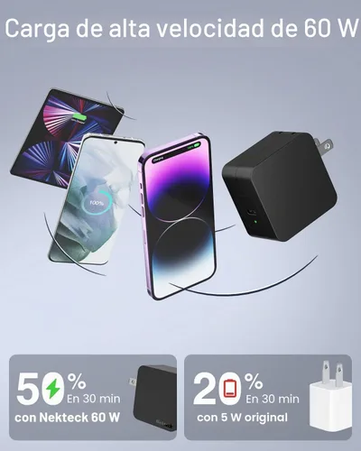 Vista 3 de Nekteck - Cargador USB C de 60 W, carga rápida GaN PD 3.0 con enchufe plegable GaN Charger, Compatible with MacBook Air/Pro, iPhone 16/17 Series