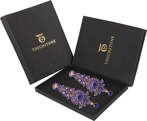 Vista 6 de Touchstone "Hollywood Glamour Oscar Collection", aretes de araña extra largos con diseño de cachemira india, joyería nupcial en tono dorado antiguo