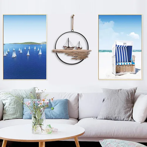 Vista 2 de Decoración de pared de madera náutica, círculo colgante de madera rústica Velero