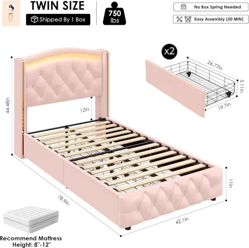 Vista 2 de Hifit Base de cama LED, tamaño individual, cabecera capitoné con botones de cristal, 4 cajones, moderna, piel sintética, de princesa, para niñas,