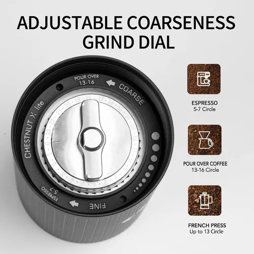 Vista 4 de TIMEMORE Molinillo de café manual de acero inoxidable con rebabas cónicas con capacidad de 0.71 oz numérico externo ajustable, molinillo de expressp