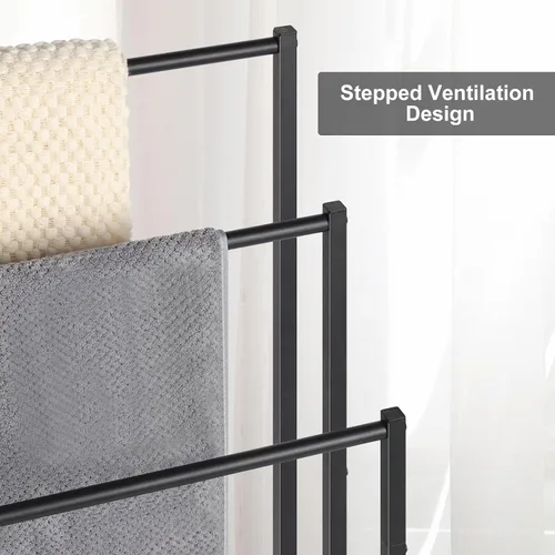 Vista 5 de Toallero independiente, toallero de metal de 3 niveles, soporte para manta para dormitorio, soporte de toalla de baño negro, soporte para toallas