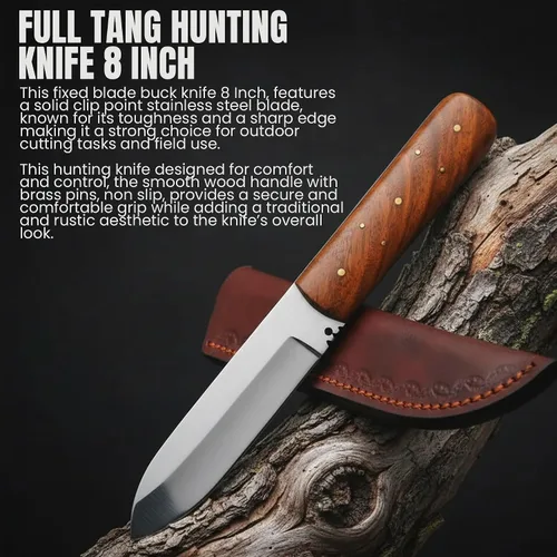 Vista 2 de SZCO Cuchillo de Caza Full Tang de 8 Pulgadas - Cuchillo de Campamento Clásico Patch con Mango de Madera de Burlwood, Hoja de Acero Inoxidable