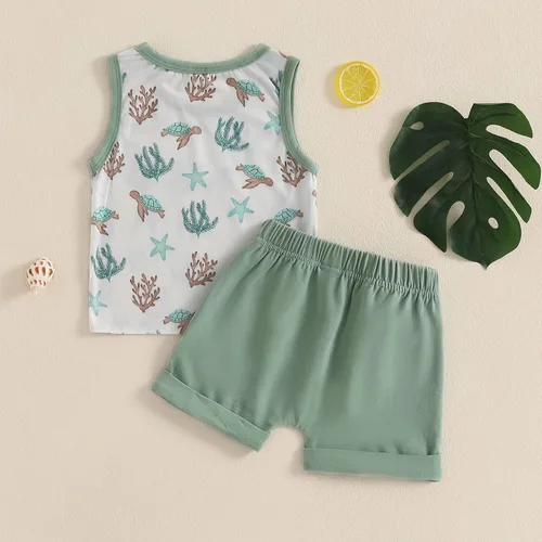 Vista 55 de Ropa de bebé niño sin mangas + pantalones cortos con estampado a rayas con bolsillos, 2 piezas de trajes de verano