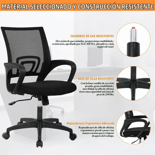 Vista 3 de Silla de malla para computadora, silla de oficina en casa, silla de escritorio ergonómica con soporte lumbar y reposabrazos, silla de trabajo