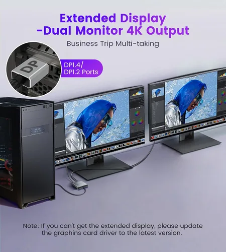 Vista 4 de Adaptador divisor Displayport a Dual Displayport 4K @60Hz, adaptador divisor DP 1.4 1 en 2 salidas SST/MST pantalla extendida compatible con PC