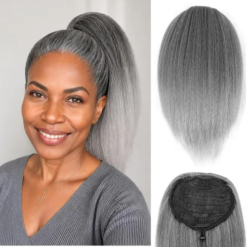 Vista 20 de Cola de caballo recta Yaki de 12 pulgadas con cordón para mujeres negras, sintética, gruesa, recta, longitud del hombro, extensión de cola