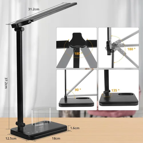 Vista 6 de Qooltek Lámpara de escritorio LED con control táctil, lámpara de mesa con 5 modos de color, brillo regulable para oficina en casa, brazo oscilante