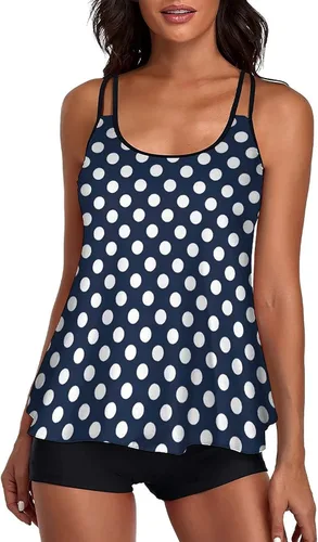 Vista 2 de Omichic Trajes de baño tankini para mujer, de dos piezas, camiseta larga sin mangas con pantalones cortos de lunares, azul marino, talla XXL, marino