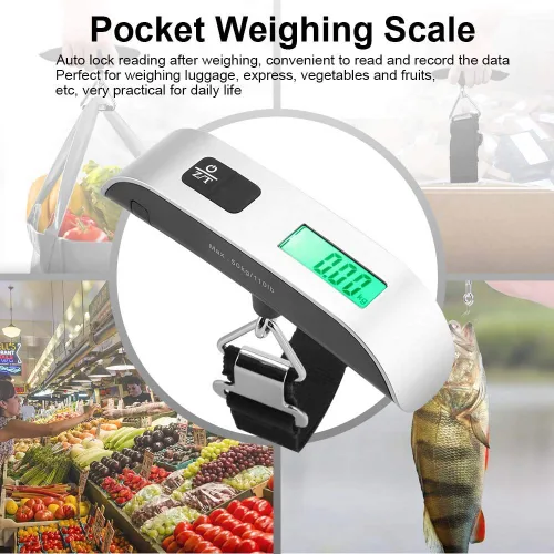 Vista 5 de Báscula de peso portátil digital para equipaje mini tamaño LCD digital digital colgando básculas portátil gancho balanza máxima carga 1102lbs