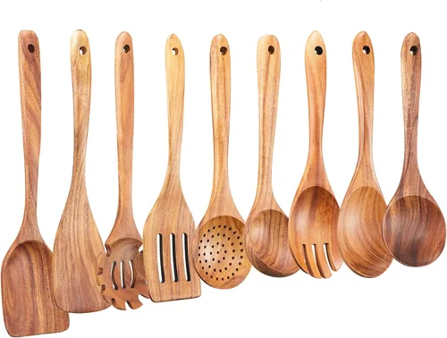 Vista 10 de GUDAMAYE - Juego de utensilios de cocina de madera, 6 cucharas de madera para cocinar, utensilios de cocina de madera, cucharas de madera de teca