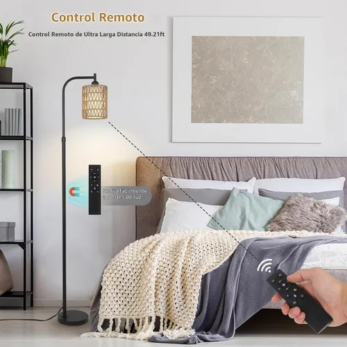 Vista 6 de LAMSU Lámpara de pie con control remoto, lámpara de pie de ratán regulable con bombilla LED, lámpara de poste alto industrial negra con pantallas