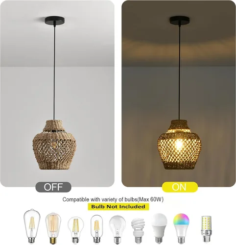 Vista 3 de lámparas colgantes de ratán, luz colgante de ratán boho de 11.02", juego de 2 lámparas colgantes tejidas a mano de seagrass para lugares de trabajo