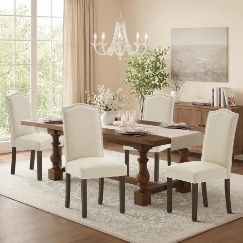 Vista 19 de Juego de 2 sillas de comedor tapizadas modernas y elegantes para cocina Beige
