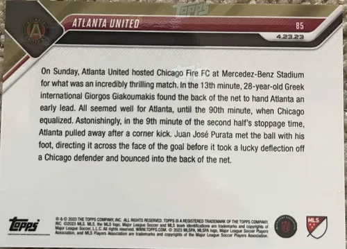 Vista 2 de 2023 Topps Now Atlanta United with Giorgos Giakoumakis #85- Late Fortunes see Atlanta take home 2-1 Victory - 4/23/23- MLS Soccer Trading Card