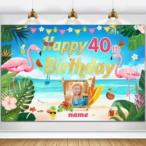 Vista 100 de Cartel de decoración de feliz cumpleaños número 100 personalizable con flamencos, playa, trópicos, Hawái y tema de verano, tamaños grandes