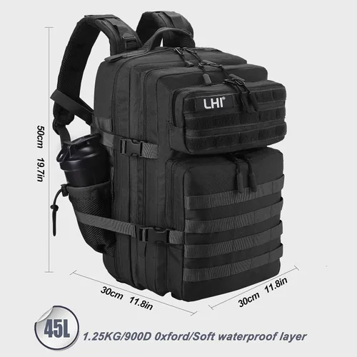 Vista 5 de LHI Military Tactical Backpack for Men and Women 45L Army 3 Days Assault Pack Bag Large Rucksack with Shoe Compartment 1.0 Negro
