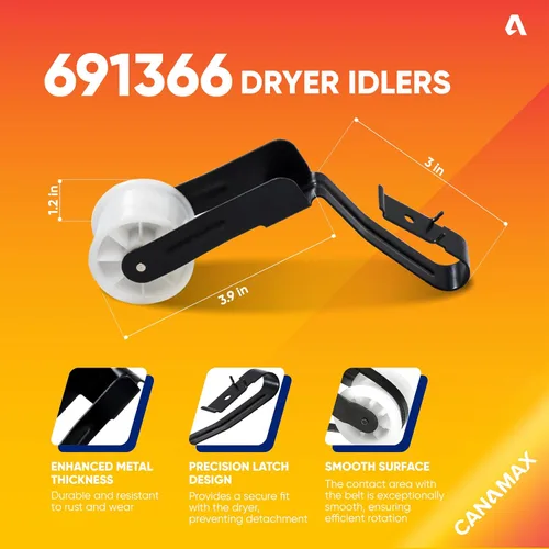 Vista 3 de Canamax 4392065 Kit de reparación de secadora con rodillos de tambor 349241T, correa 341241, 691366 tensor – Compatible con secadora Whirlpool