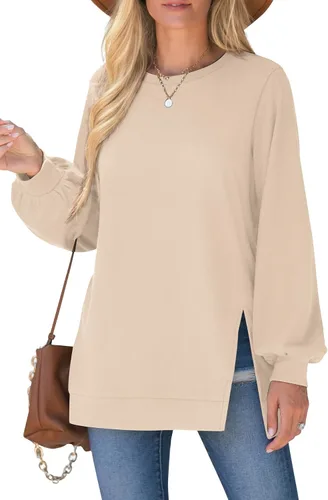 Vista 3 de WIHOLL Sudadera para mujer con cuello redondo, manga de globo, dobladillo dividido, elegante y casual