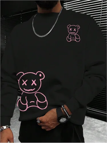 Vista 6 de GORGLITTER Sudadera de manga larga con estampado de oso para hombre, cuello redondo, hombros caídos