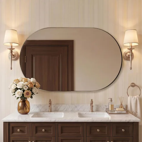 Vista 23 de ANDY STAR Espejo ovalado de 24x32 pulgadas, espejo ovalado negro de diseño en forma de píldora en marco de metal de acero inoxidable para baño