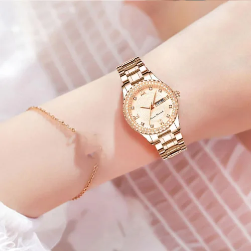 Vista 4 de Relojes de moda para mujer, esfera brillante, oro rosa, acero inoxidable, fecha, impermeable, cuarzo, para mujer
