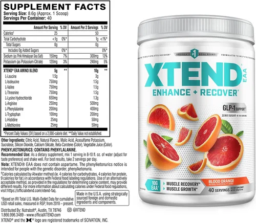 Vista 2 de Xtend - Polvo EAA + BCAA para recuperación muscular y crecimiento muscular magro, 9 aminoácidos esenciales para entrenamiento intra o recuperación