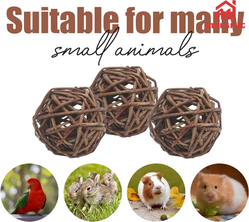 Vista 4 de 6 bolas de sauce para conejillo de indias, conejos, juguetes para masticar, 2.1-2.3 pulgadas, ramas naturales de mimbre para actividades ocupadas