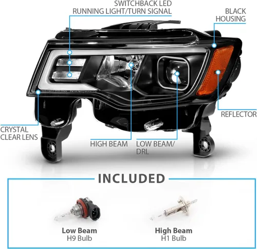 Vista 11 de AmeriLite - Conjunto de faros delanteros de repuesto para Jeep Grand Cherokee Switchback 2017-2022, faros de proyector cuadrados LED, negro, lado