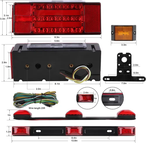 Vista 5 de Kit de luces LED sumergibles para remolque de barco de 12 V, luz LED rectangular de parada de freno y giro con luces de marcador ámbar reflejo