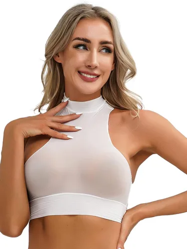 Vista 4 de Mujeres atractivas ver a través de Crop Top Sheer Mock Neck Bra sin mangas apretado Cami chaleco ropa de dormir