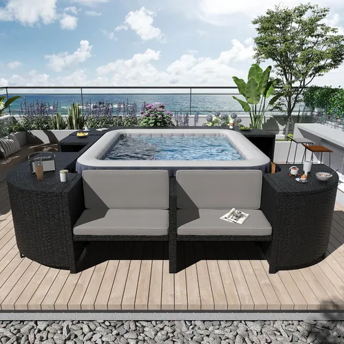 Vista 3 de P PURLOVE Spa Surround, juego de sofá cuadrilátero de ratán para patio Gris
