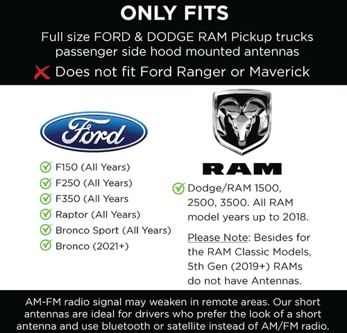 Vista 2 de EcoAuto Antena corta Ford compatible con F150 F250 F350 Super Duty, Bronco, Ford Raptor Accesorios y Dodge RAM - Diseño antirrobo - Antena segura