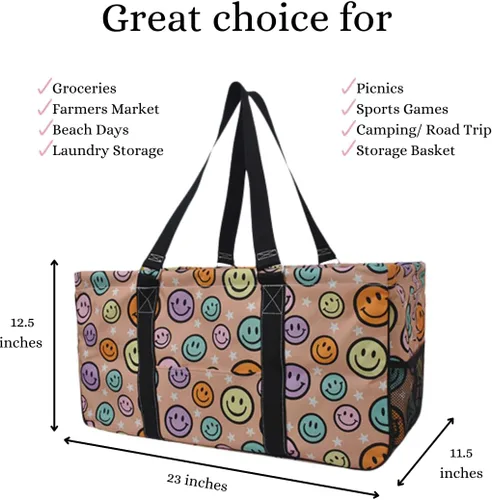 Vista 285 de NGIL Bolsa de comestibles reutilizable extra grande plegable de gran tamaño para comestibles, almacenamiento, picnic, playa, Estampado